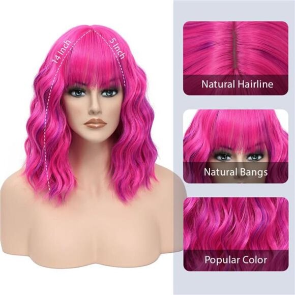 Rose mixed Purple Wig with Bangs Wavy Wigs for Women - Picture 2 of 5